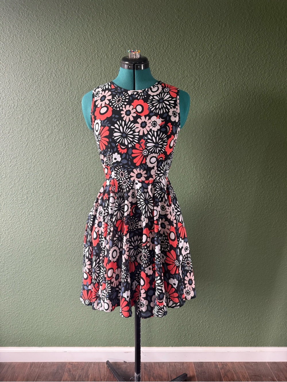 Maison Jules Black Floral Fit-and-Flare Mini Dress with Coral & White Accents